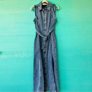 SLEEVELESS DENIM BUTTON DOWN TIE BELT MAXI DRESS SIZE MEDIUM